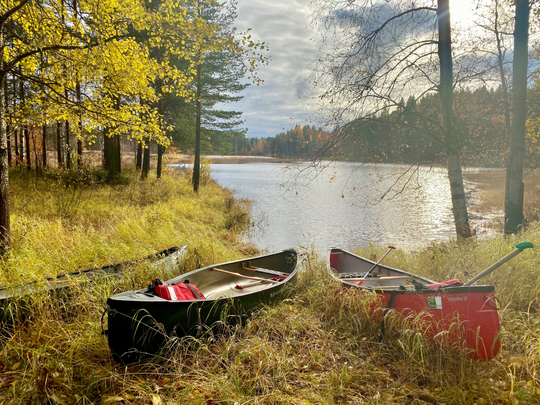 Two canoes drawn up on an autumn lakeshore, ready for new journeys